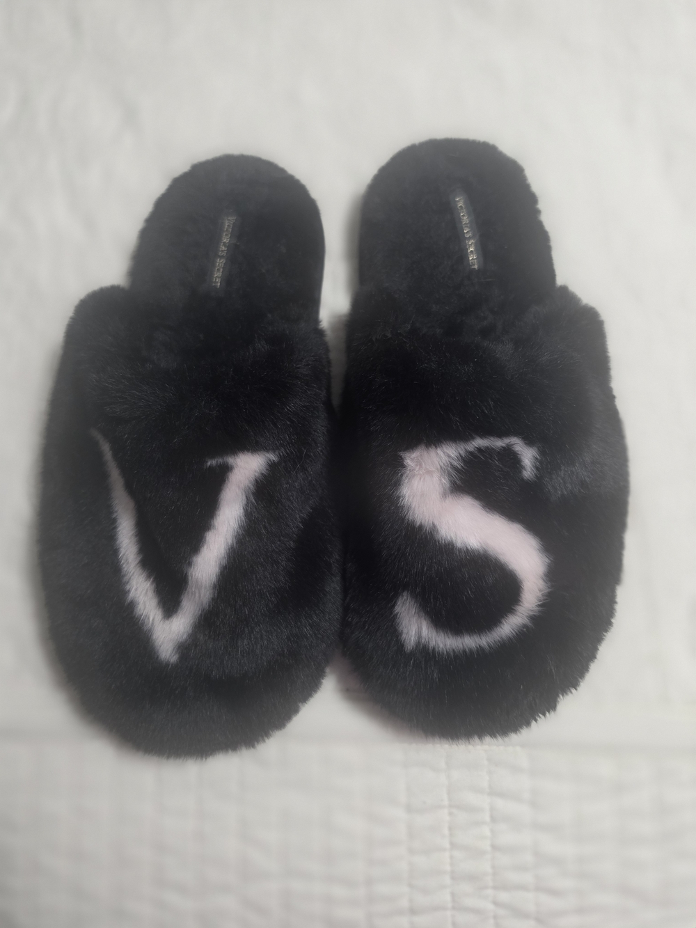 Victoria's Secret Black Faux Fur Slippers with Pink VS Letters